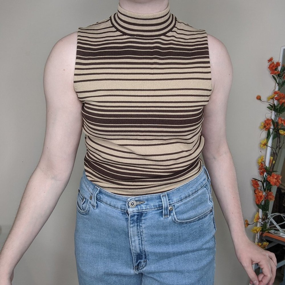 Cute Brown and Camel Mock Neck Sleeveless Top